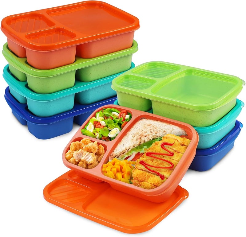 buluker 8 Pack Bento Lunch Box Set 3 Compartment Wheat Straw Meal Prep Food Storage Containers Plastic, Microwave and Dishwasher Safe （Jewel Brights） - Image 1